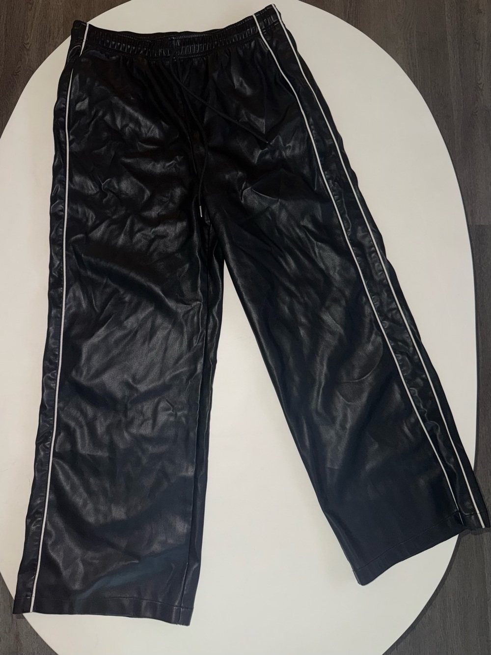 Black Faux Leather Track Pants with White Piping